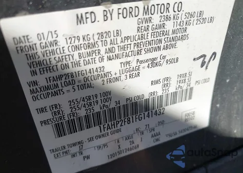 2015 Ford Taurus Limited из США, поврежденный, VIN 1FAHP2F81FG141432